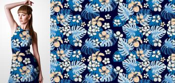 33141v Materiał ze wzorem malowane tropikalne kwiaty i liście (monstera) na niebieskim tle